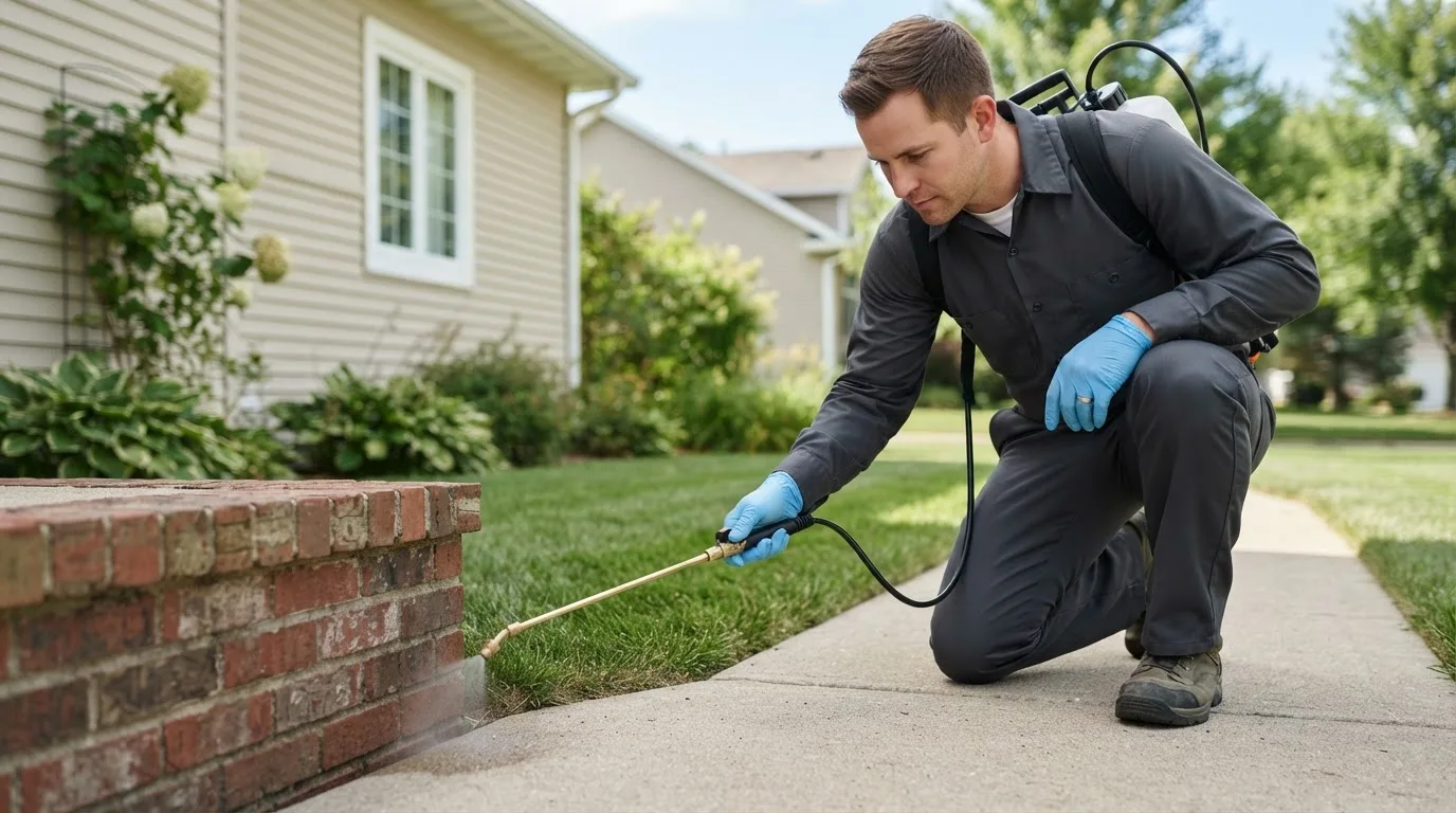 Pest control technician treating a home near Winfred, SD